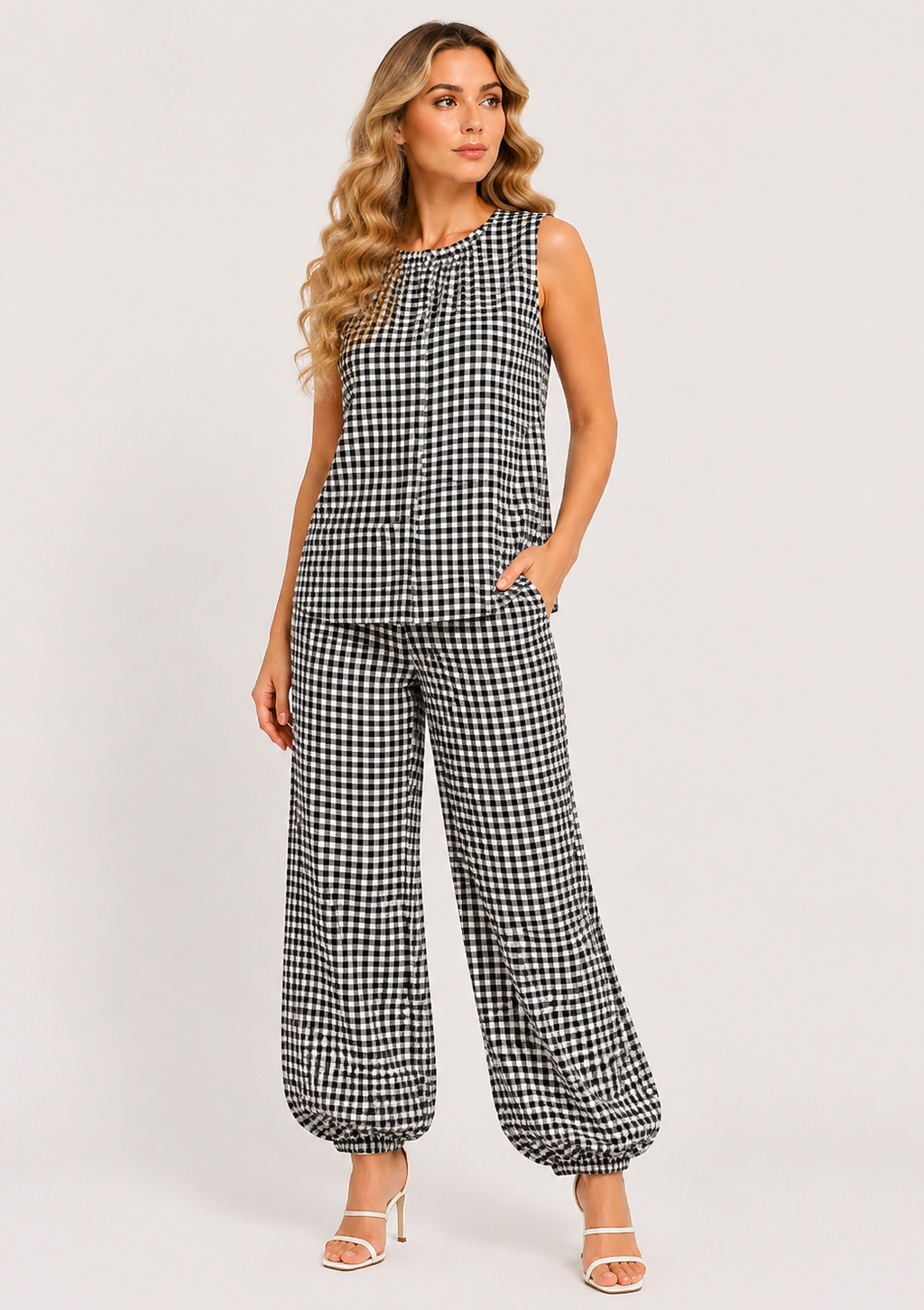 BALLOON TROUSER CHECKED PRINTED  CORD SET