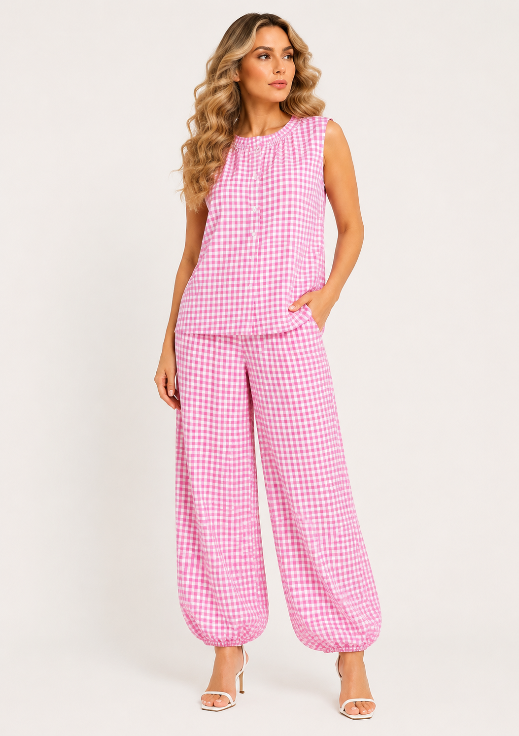 BALLOON TROUSER CHECKED PRINTED  CORD SET