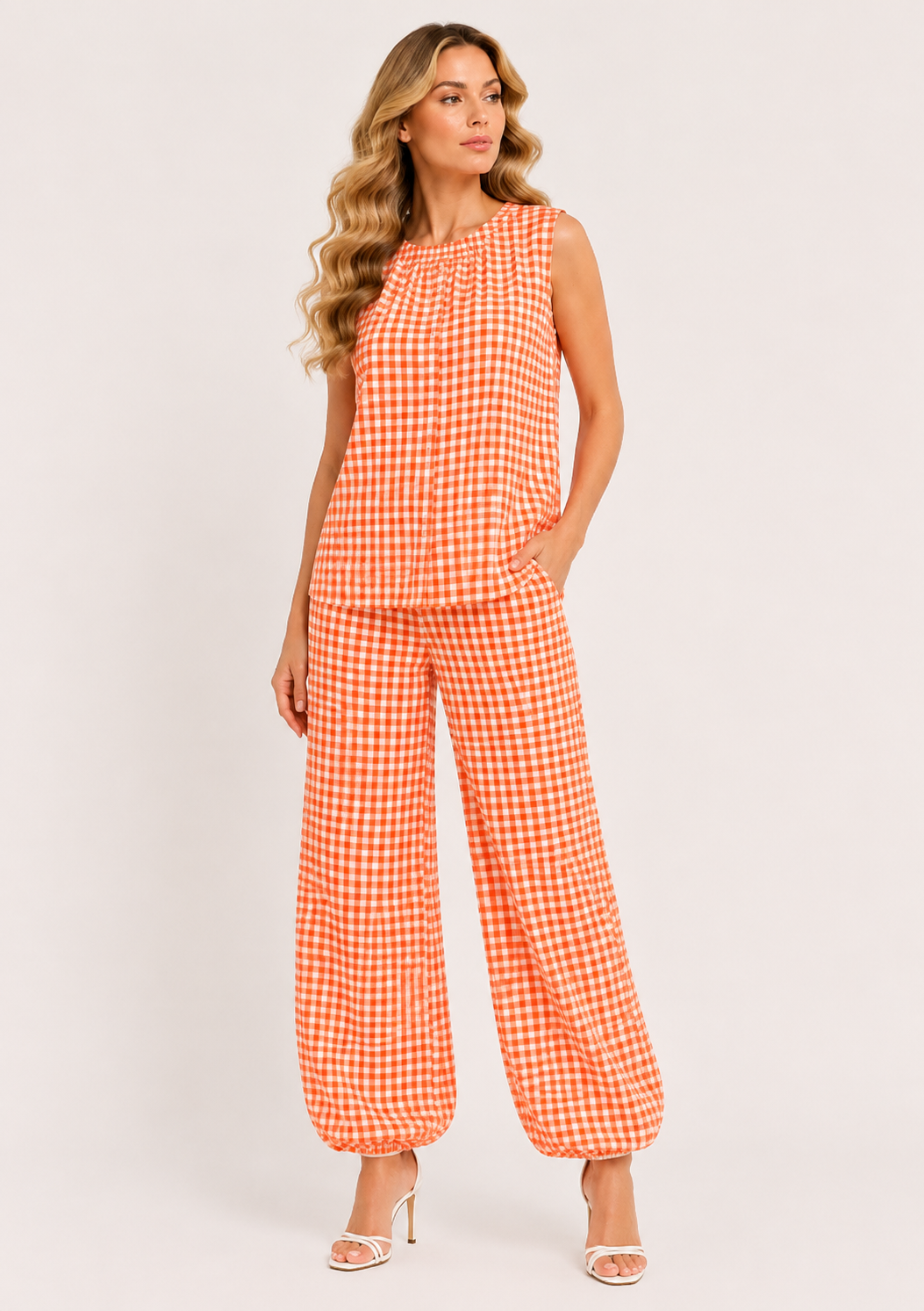 BALLOON TROUSER CHECKED PRINTED  CORD SET