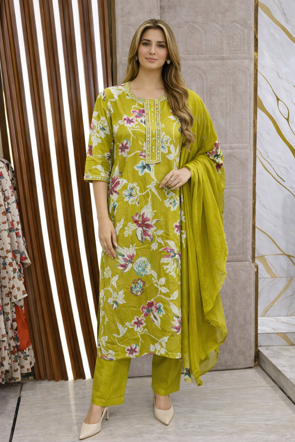 FLOWER PRINTED SUIT AND PLAIN CHUNNI