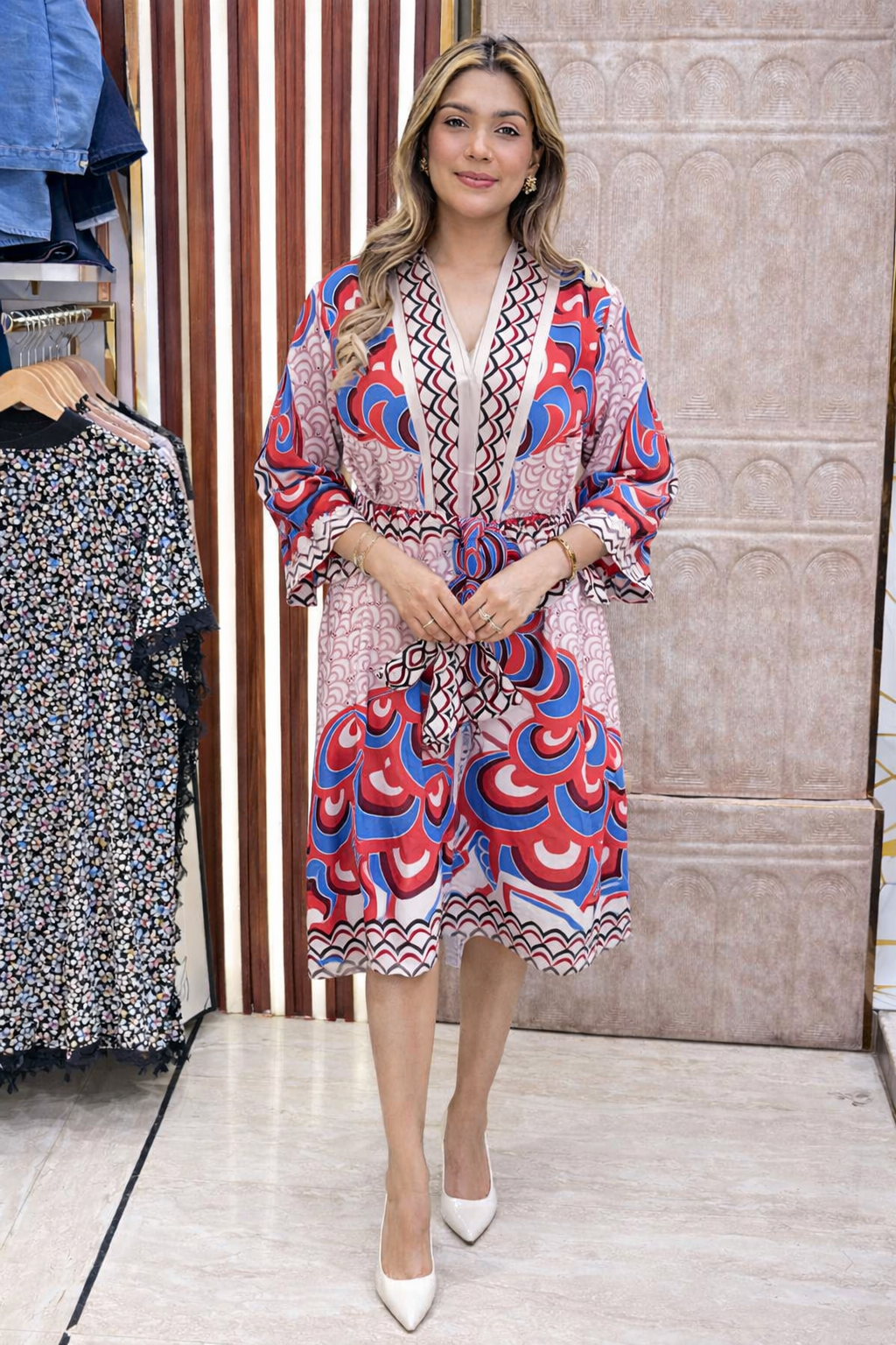 PRINTED KNEE- BELOW LENGTH DRESS