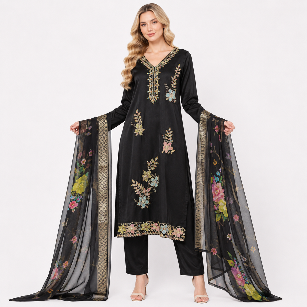 printed chunni with multicolor flower suits
