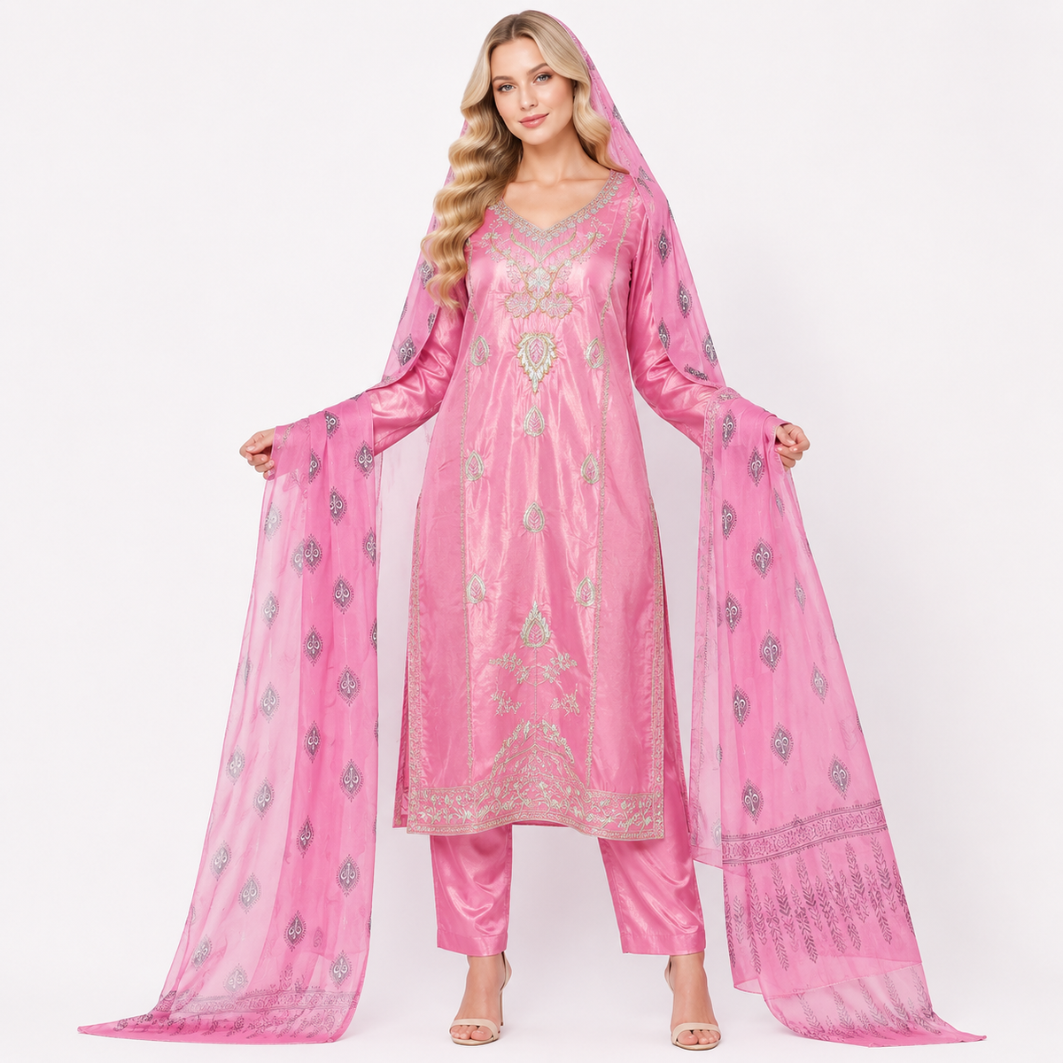 FULL WORK SUIT WITH PRINTED DUPPTA