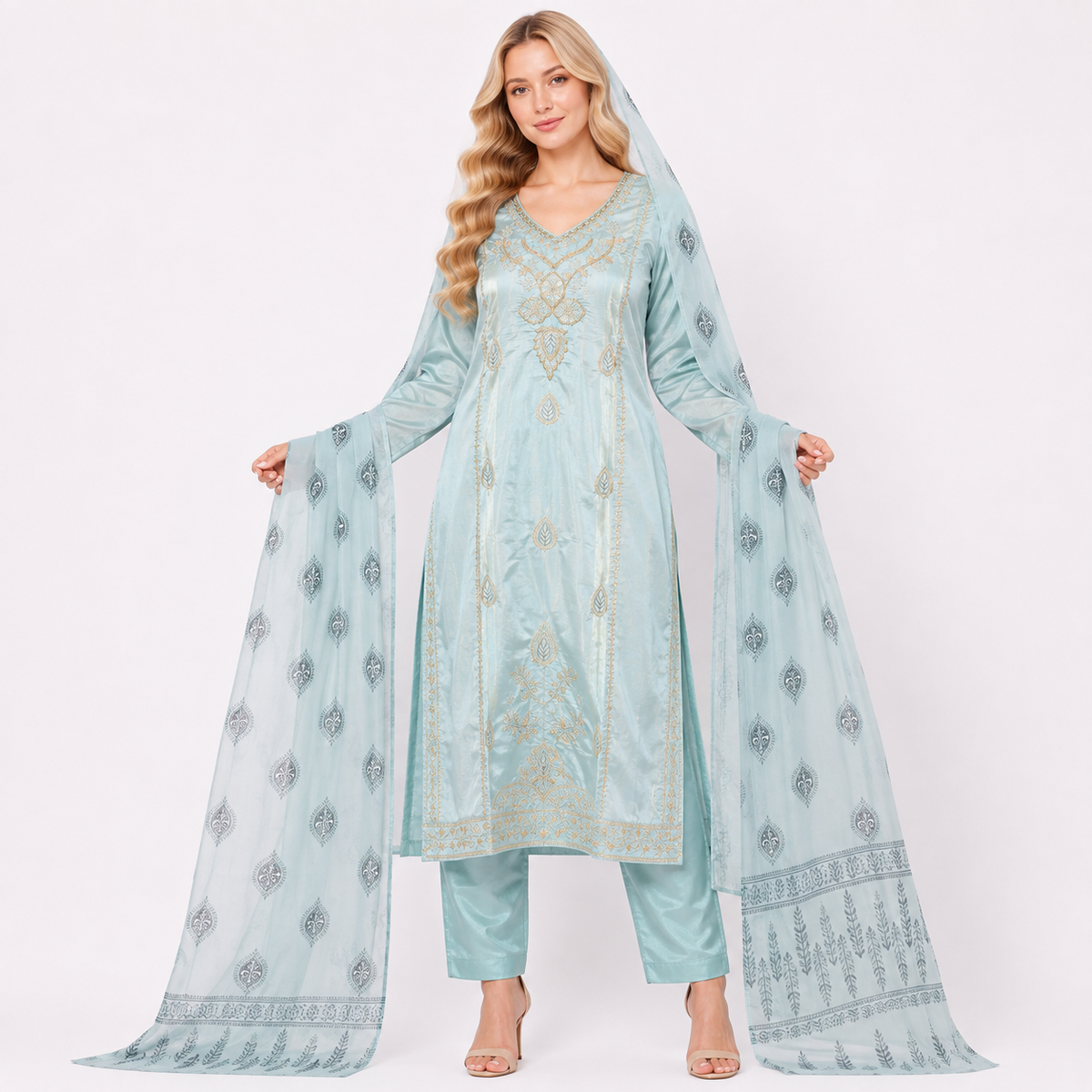 FULL WORK SUIT WITH PRINTED DUPPTA