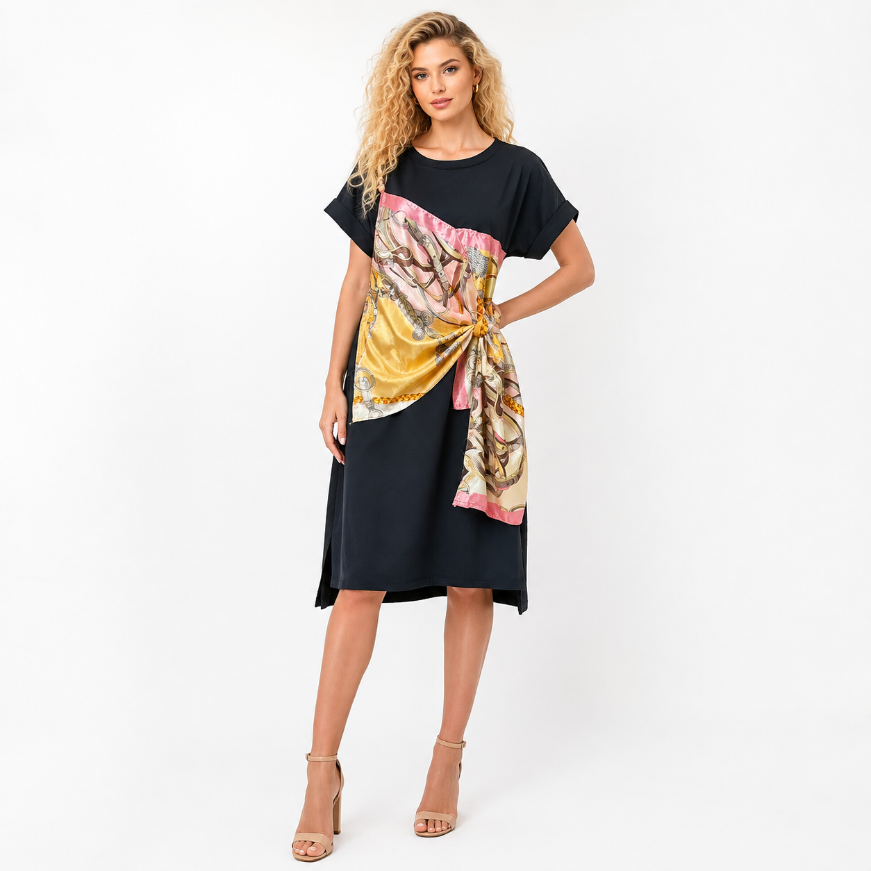 Solid with Printed Scarf Detail DRESS