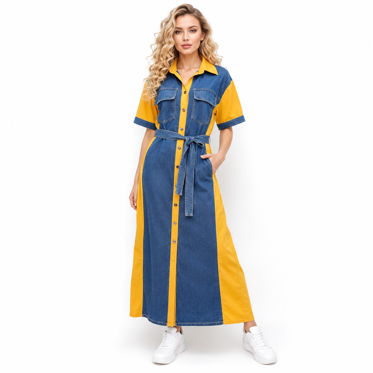 NEW LONG DENIM WITH COLOR DRESS