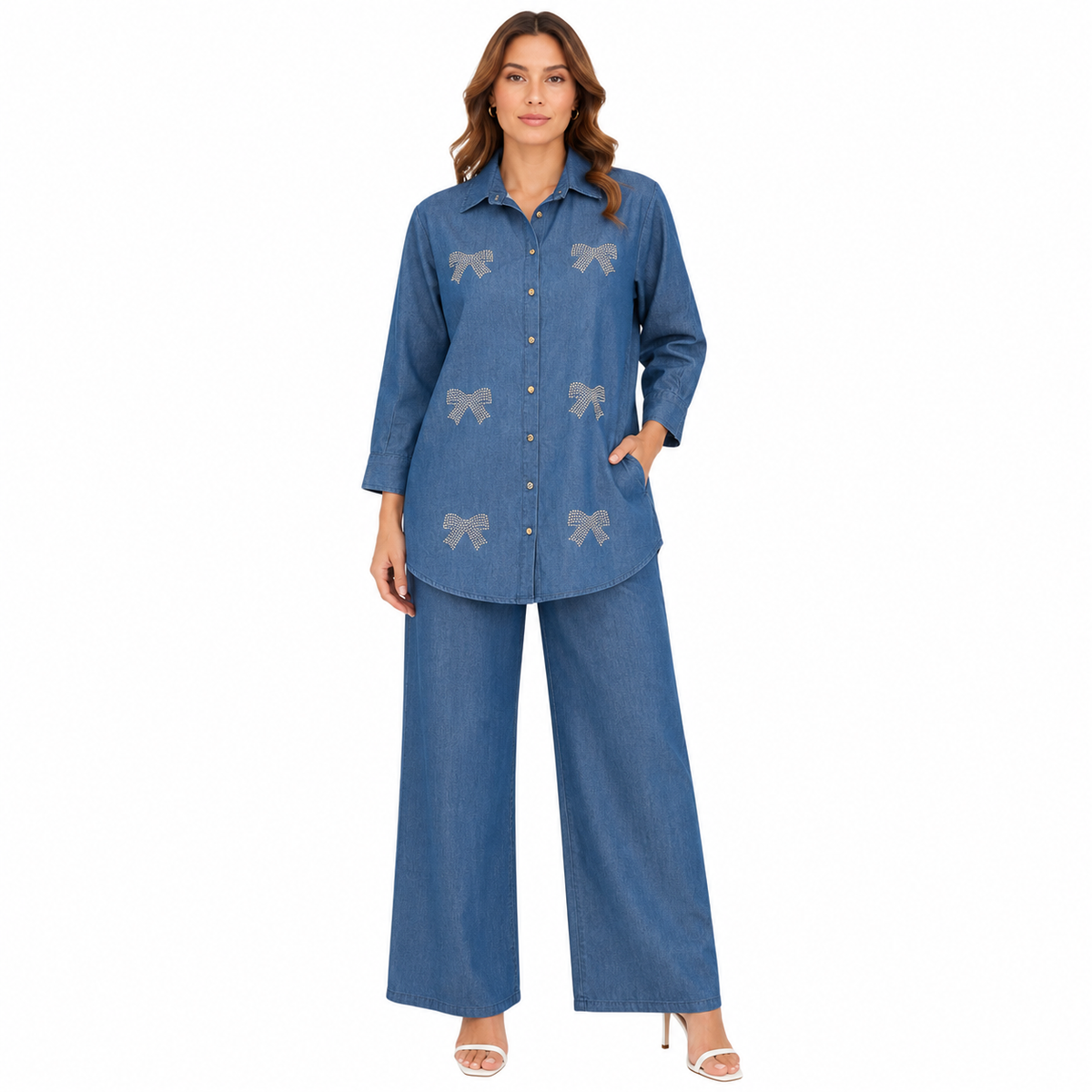 DENIM RHINSTONE BOW CORD SET