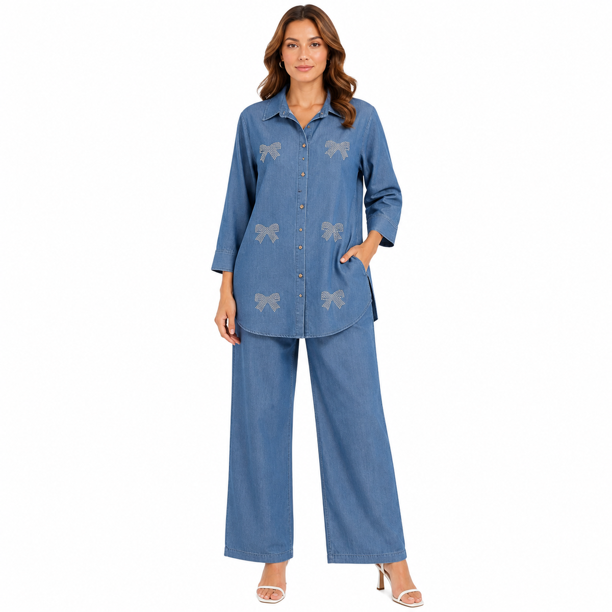 DENIM RHINSTONE BOW CORD SET