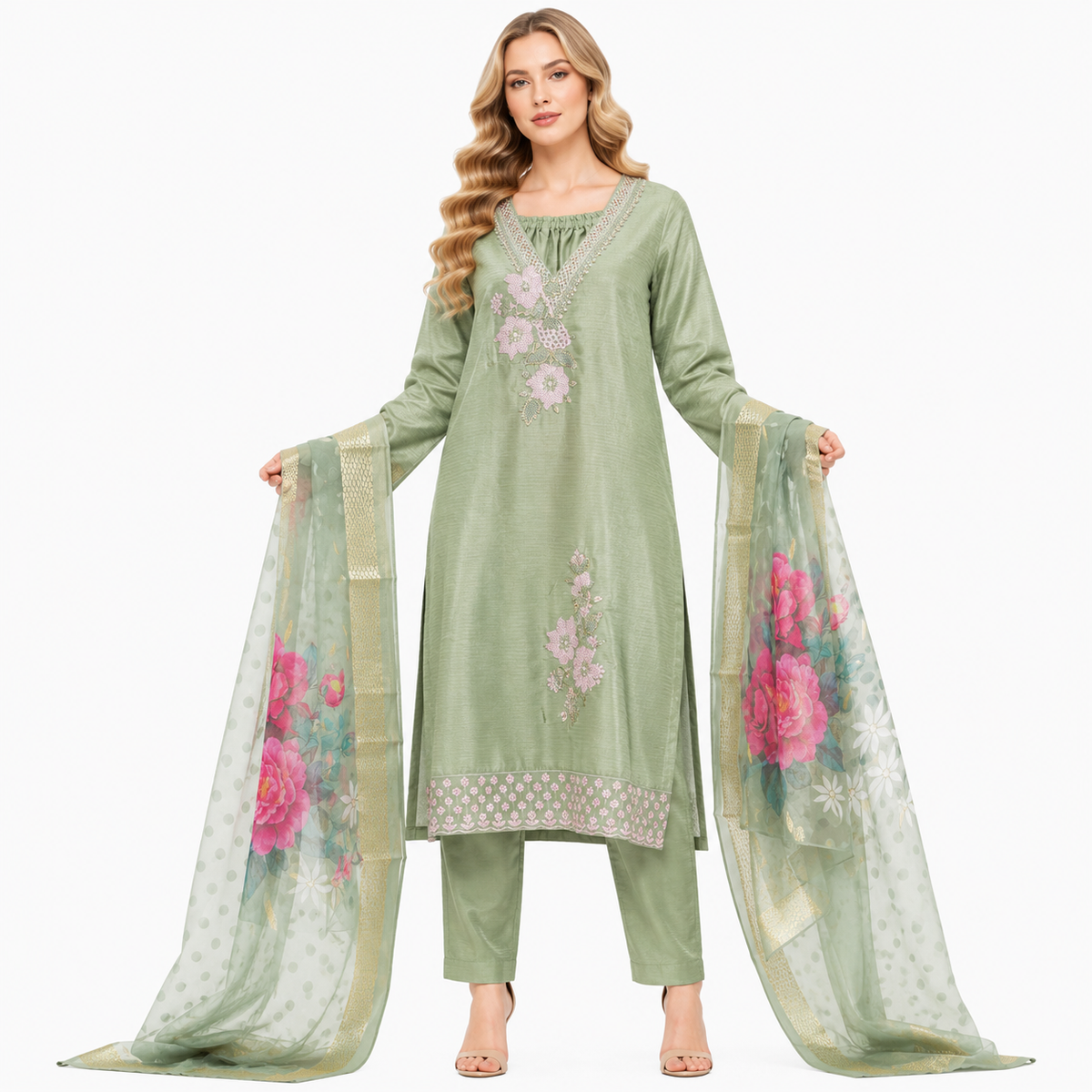 PLUS SIZE V NECK PRINTED CHUNNI