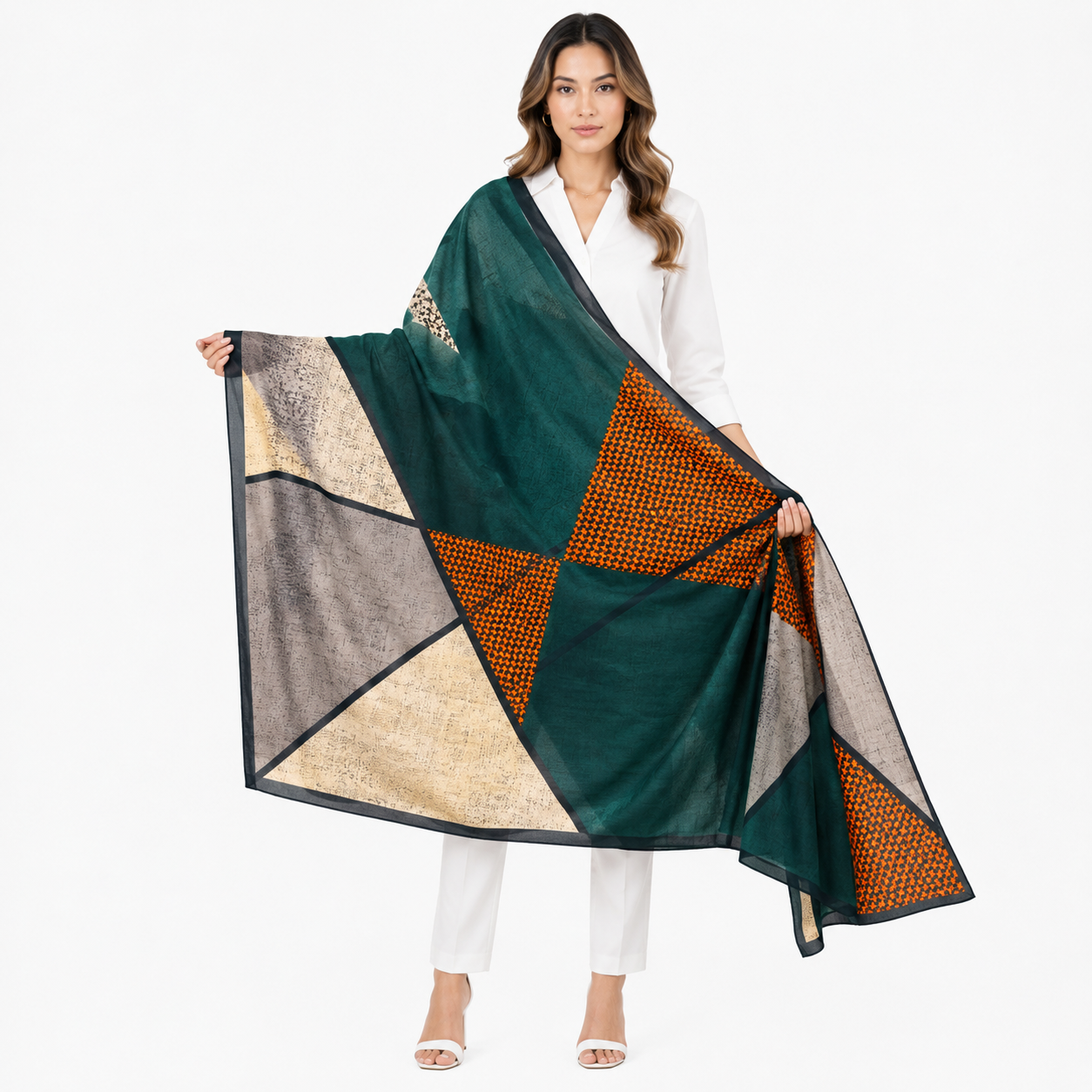 green / orange color print korean scarf