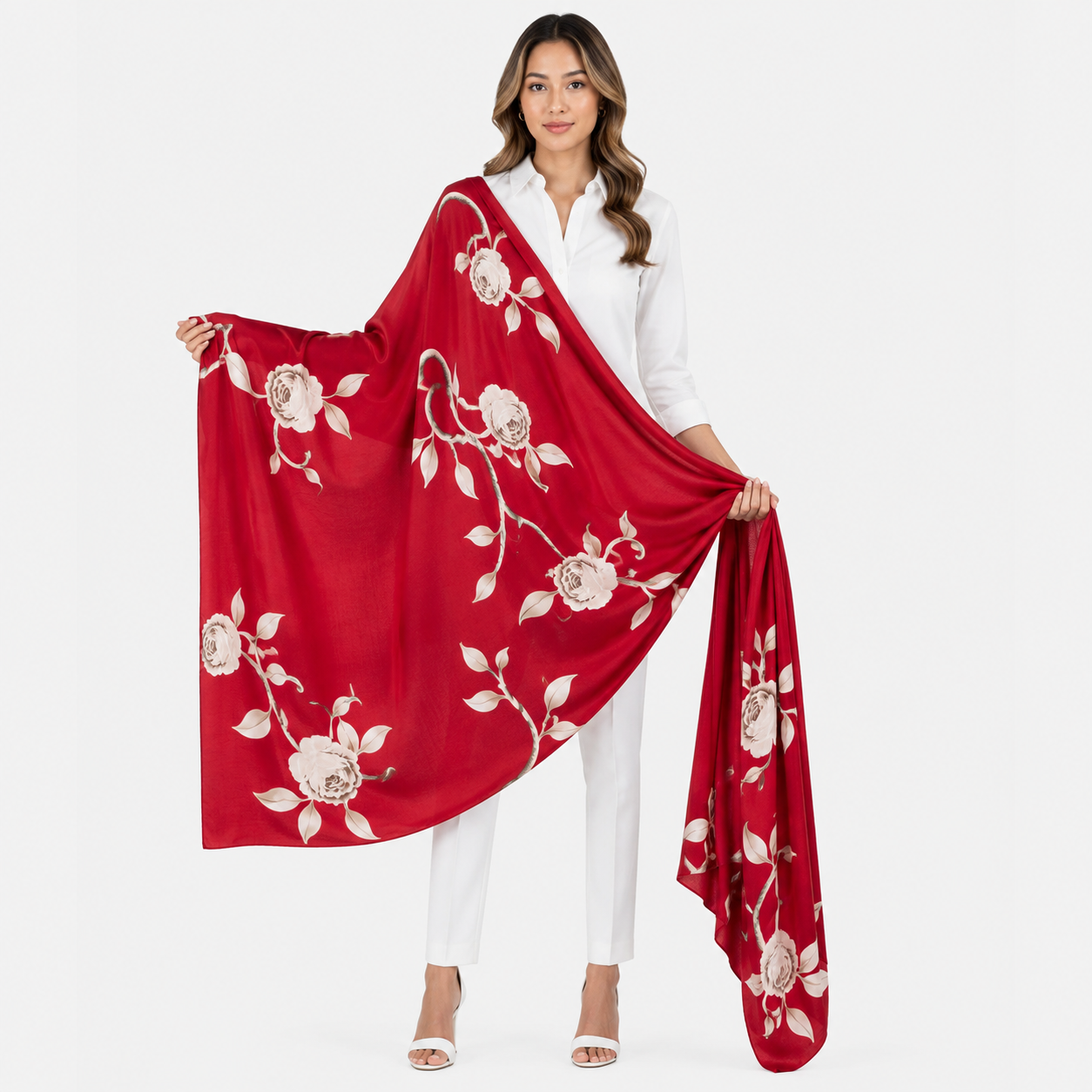 red flower korean print scarf