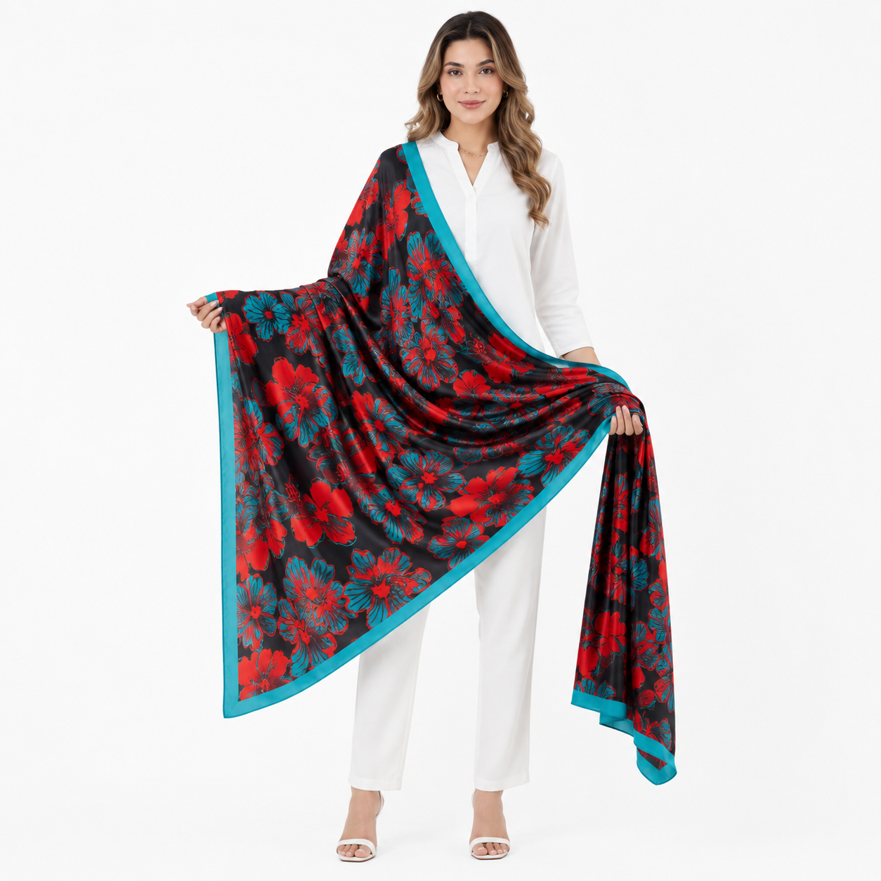 red flower print korean scarf