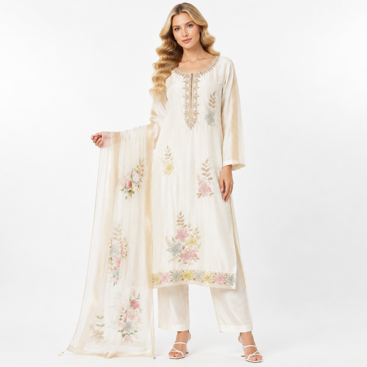 cream white colourful flower printe  suit