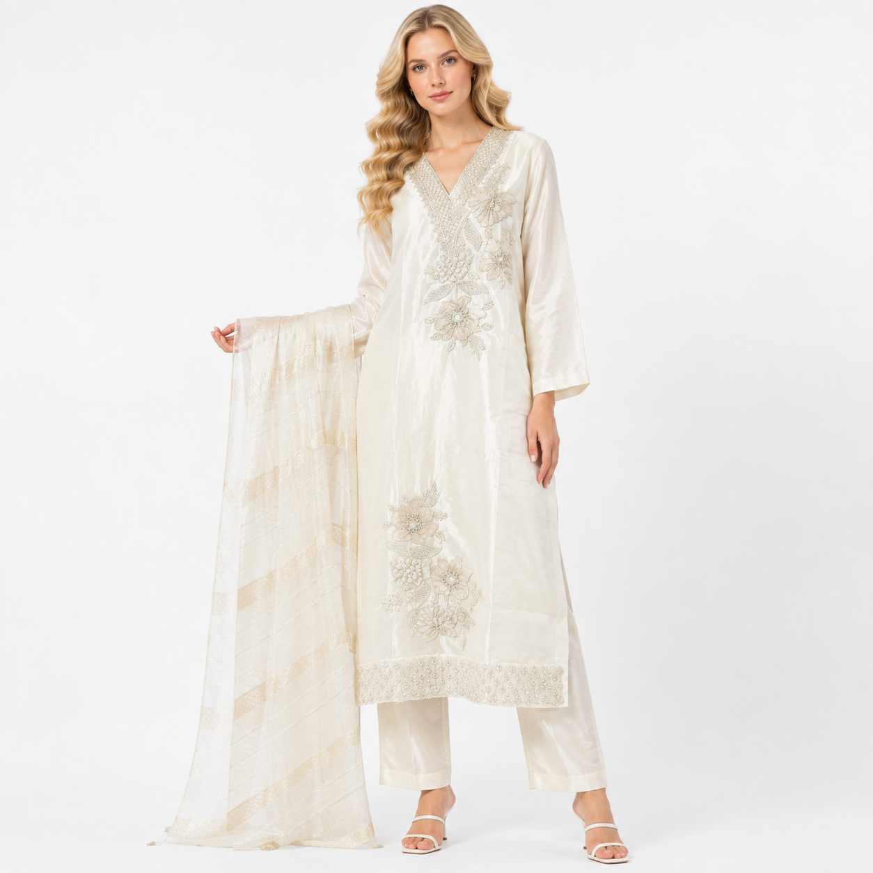 white embroidery suit