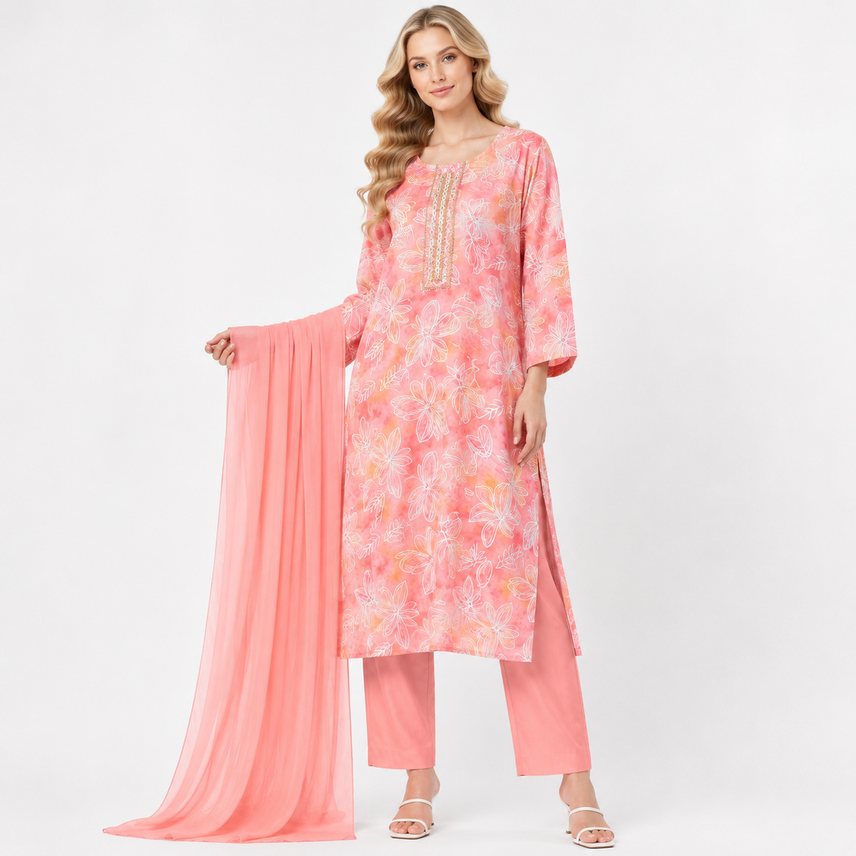 printed suit with plain chunni