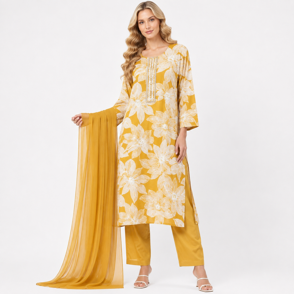 printed suit with plain chunni