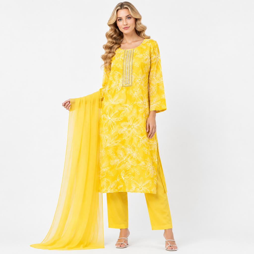 printed suit with plain chunni