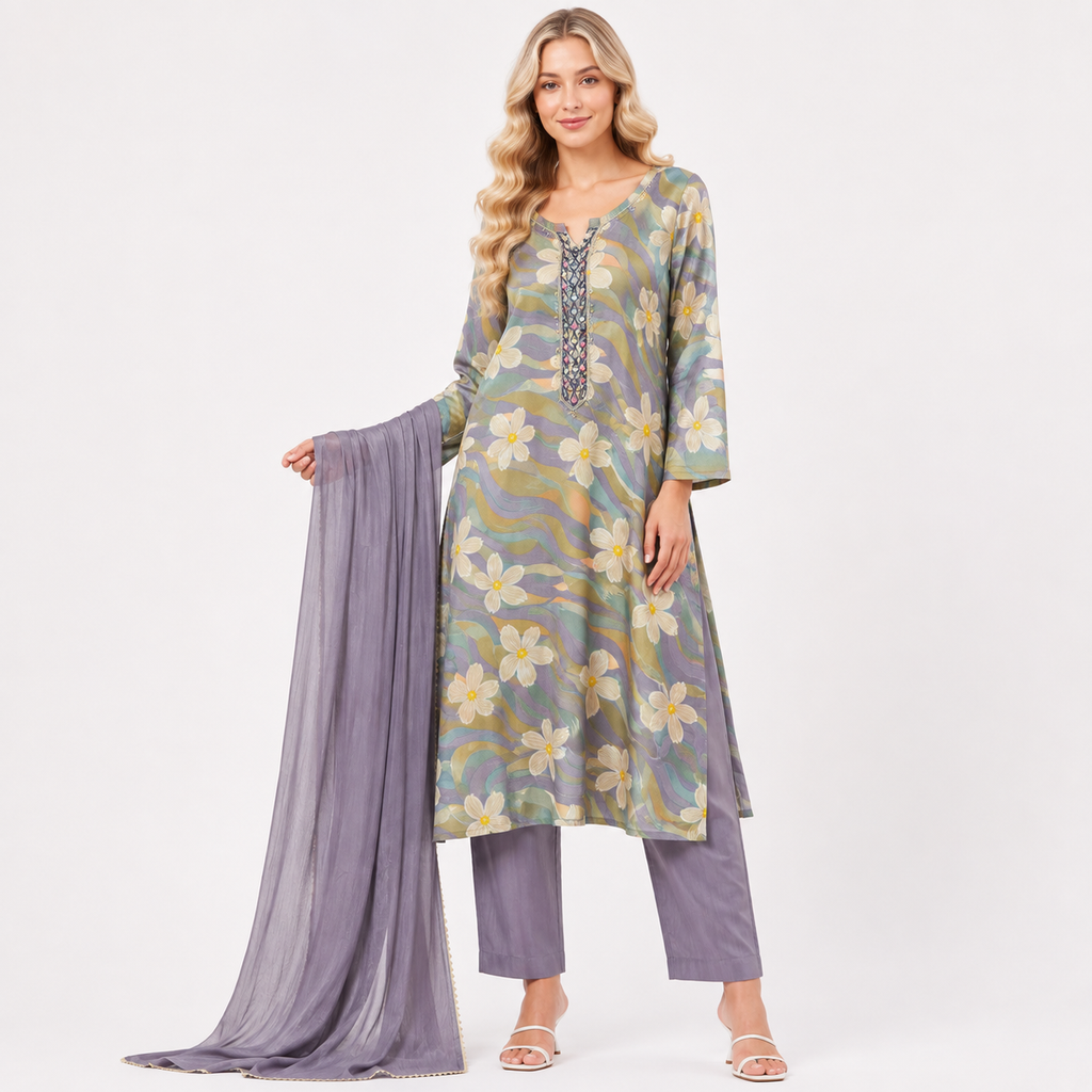 cotton grey flower printe siut