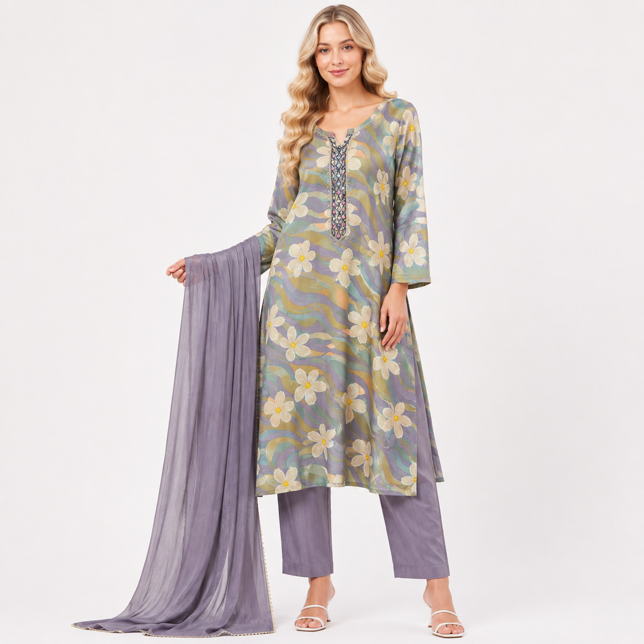 cotton grey flower printe siut