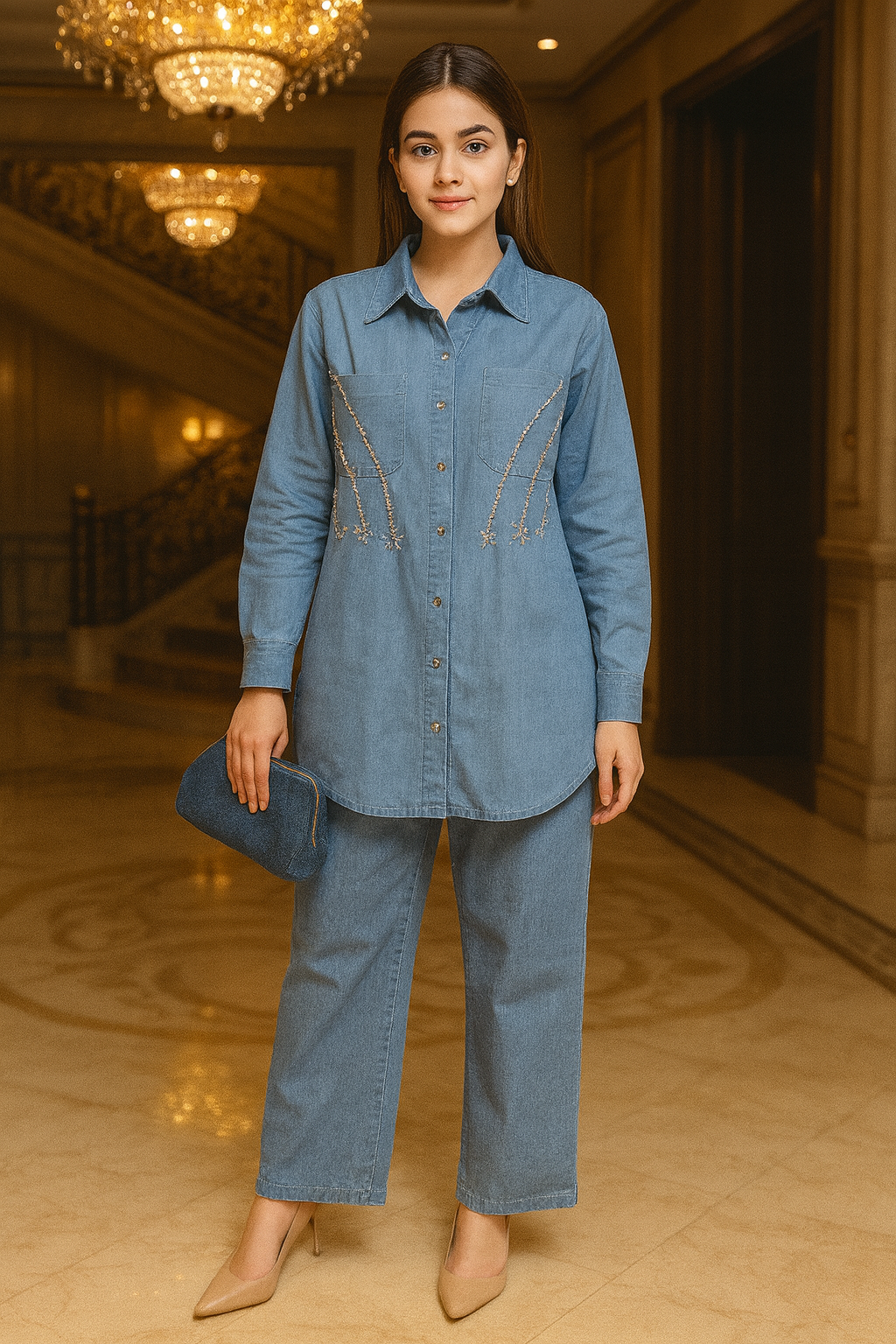 SOLID TEAR DENIM CORD SET FREE SIZE TILL TO 4XL