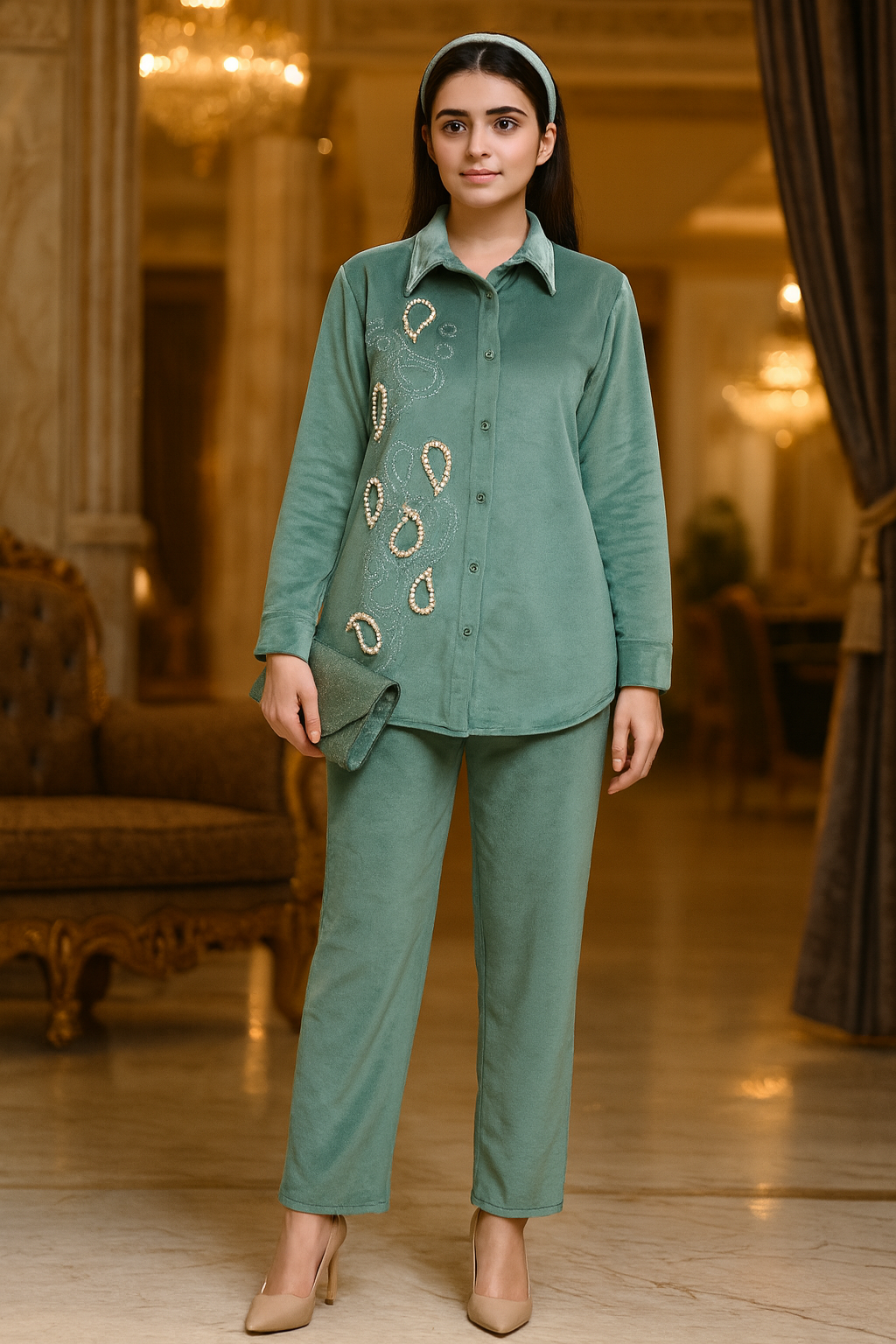 SIDE PEALS VELVET CORD SET FREE SIZE TILL TO 3XL