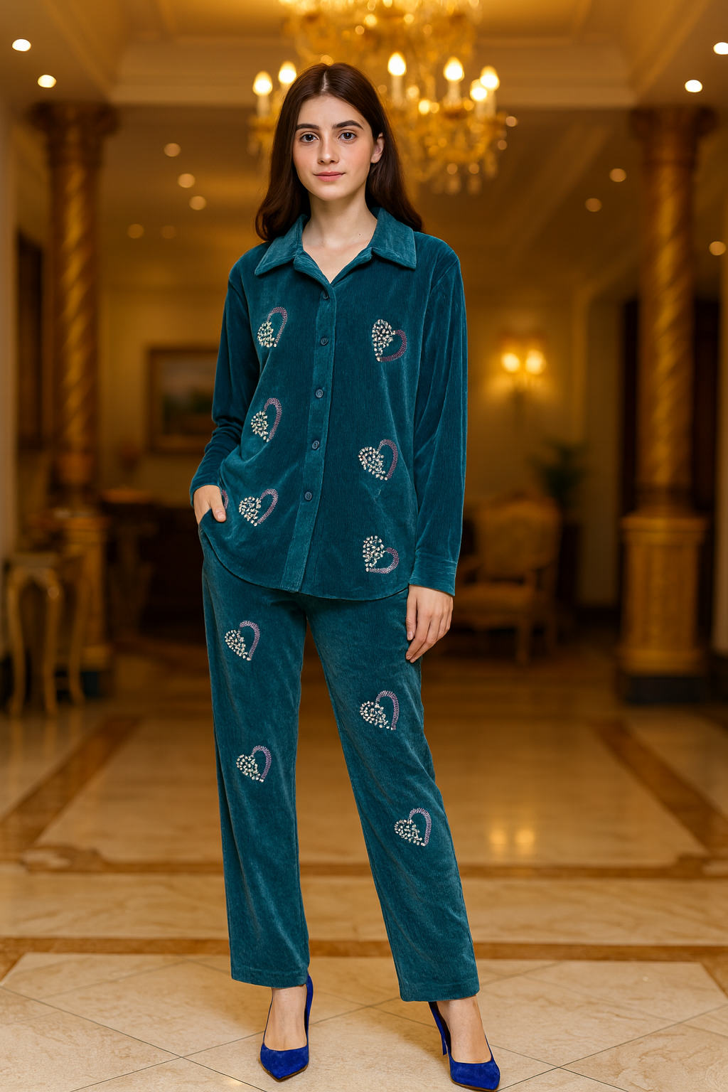 STUDED HEATS VELVET CORD SET FREE SIZE TILL TO 3XL