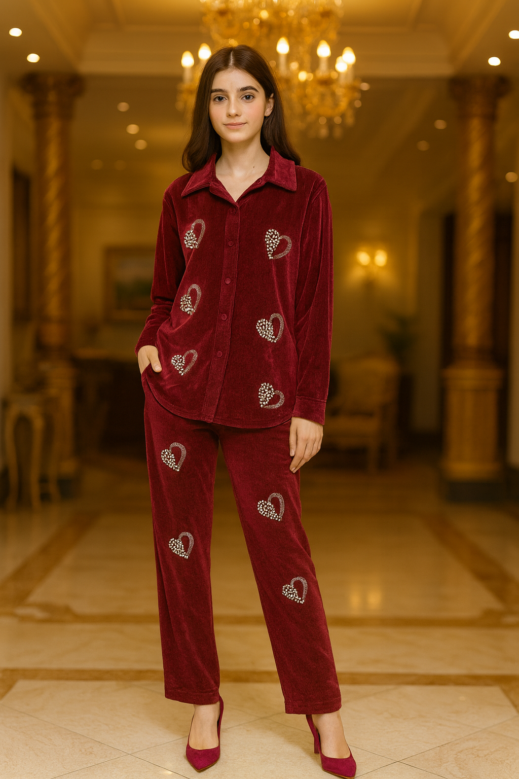 STUDED HEATS VELVET CORD SET FREE SIZE TILL TO 3XL