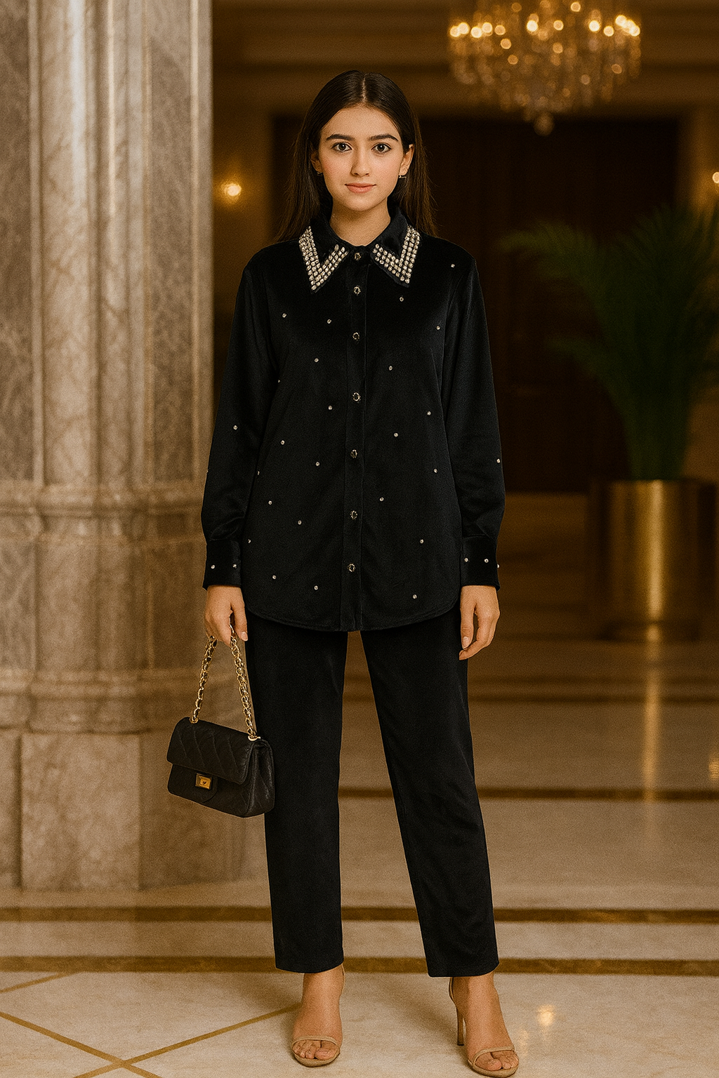 collar  studded velvet cord set free size till to 3xl