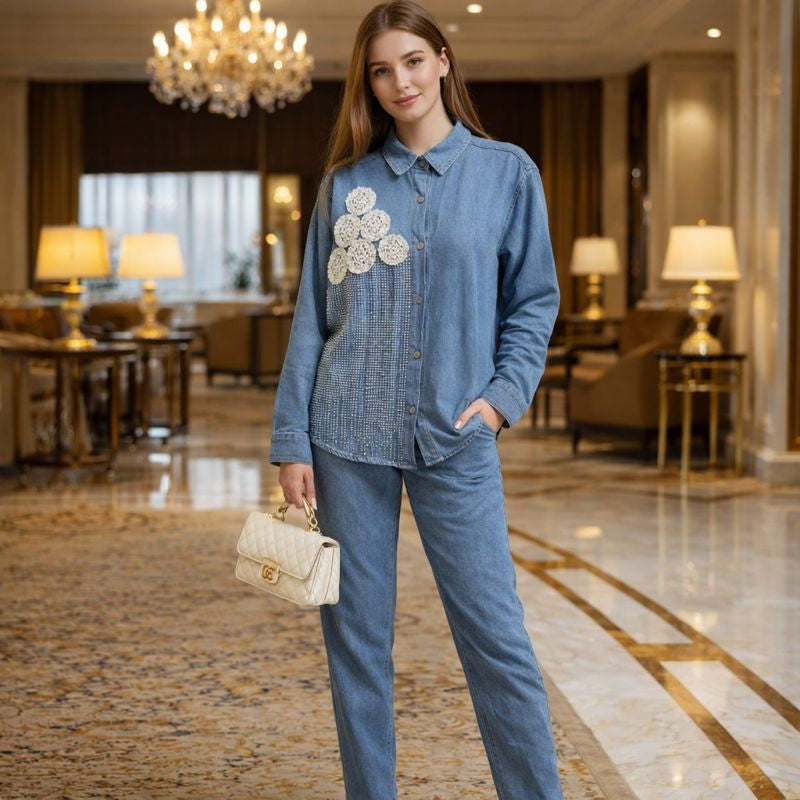 CIRCLE PEARLS DENIM CORD SET FREE SIZE TILL TO 4XL