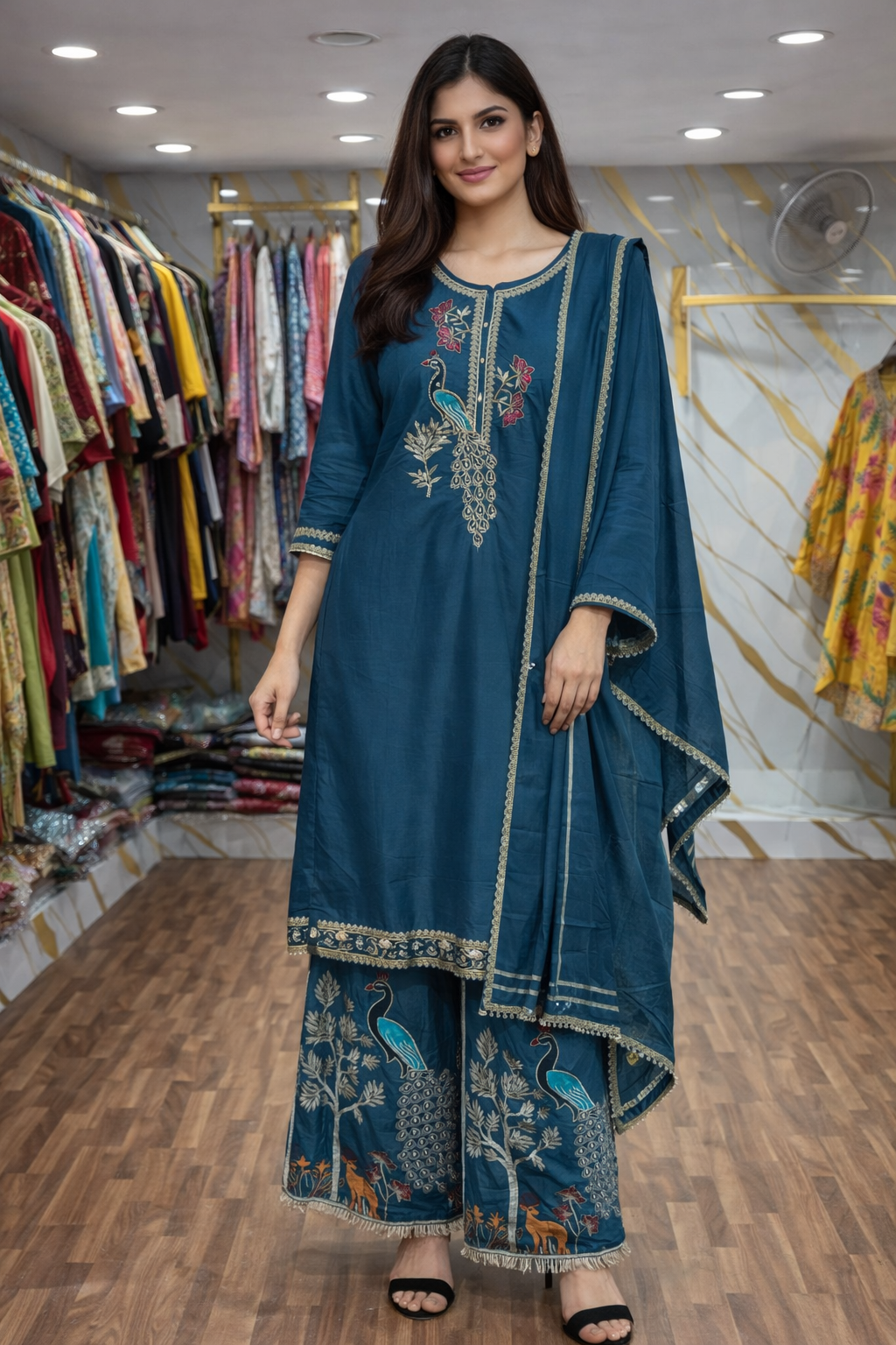 PEACOCK PRINTE KURTI PLAZZO SUIT GOOD TILL TO 2XL