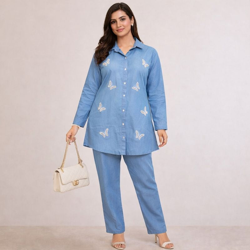 PEARLY BUTTERFLY DENIM CORD SET GOOD TILL TO L TO 5XL