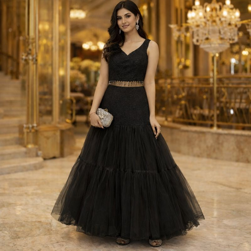 CROP TOP WITH FLUFFY NET LENGHA FREE SIZE TILL TO XL