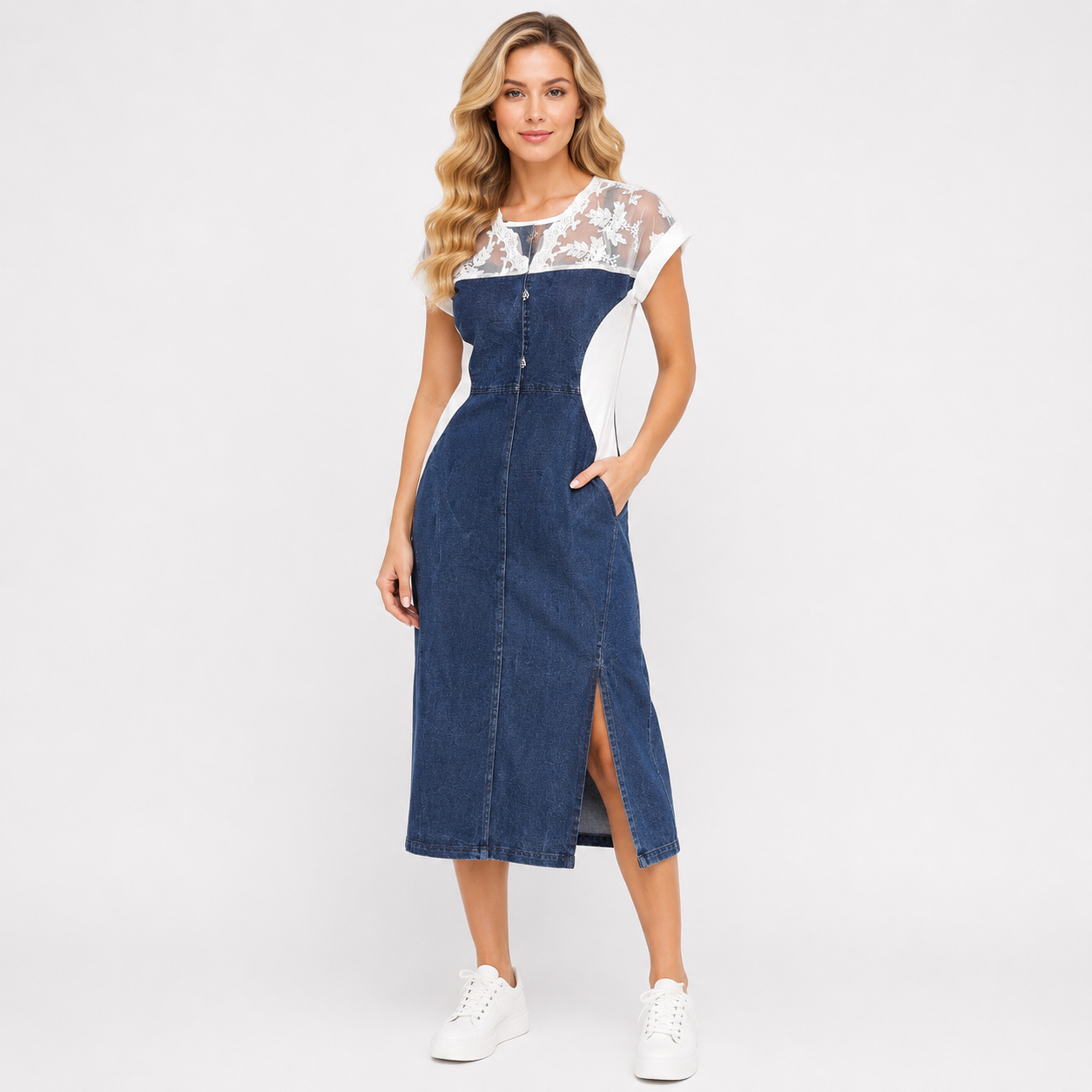DENIM SHOULDER FLOWER PATCH DRESS