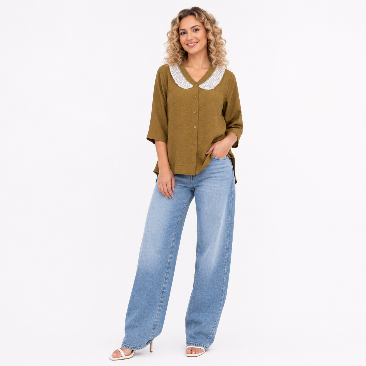 V-Neck with Pearl Embellished Peter Pan Collar