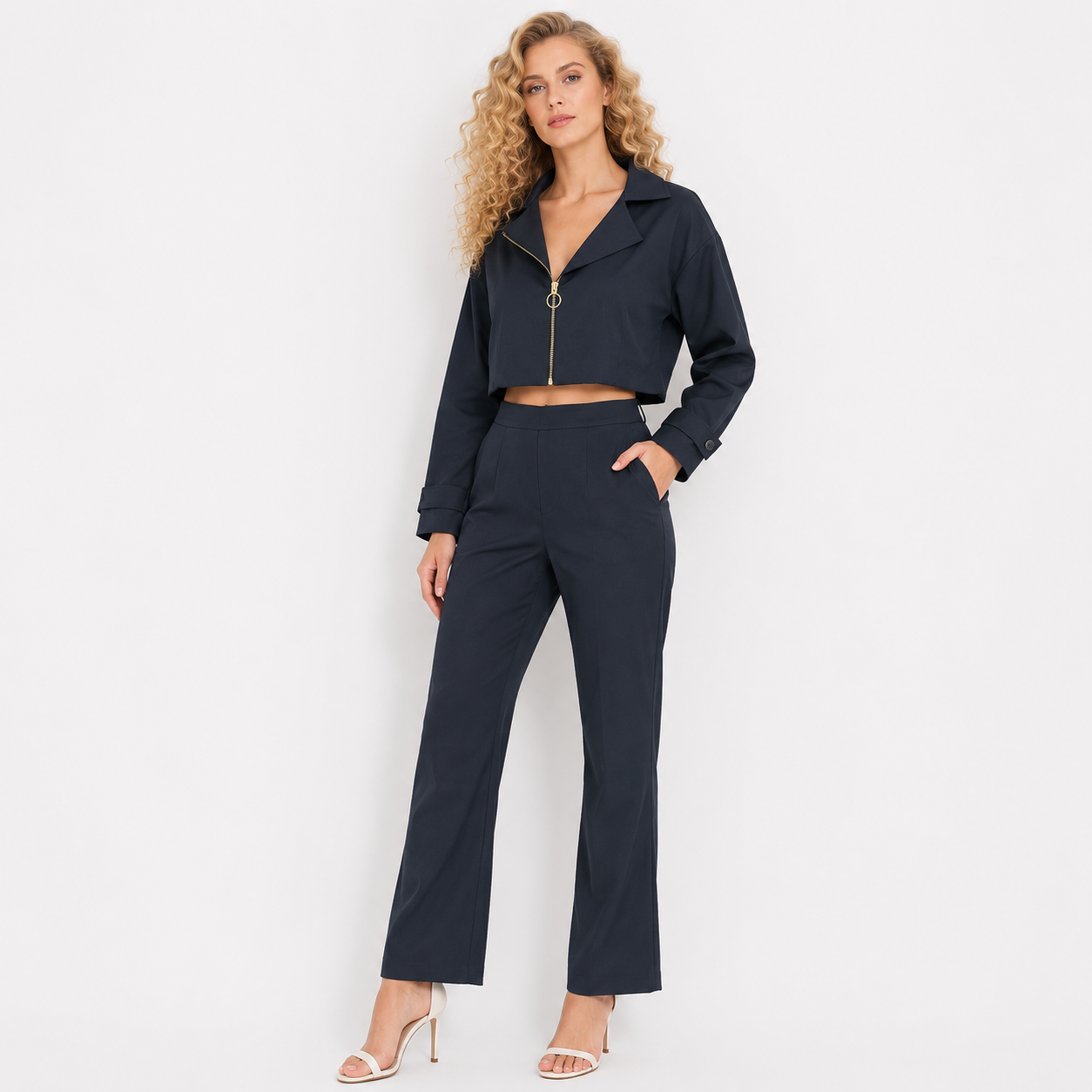 crop jacket with straight bottom cord set
