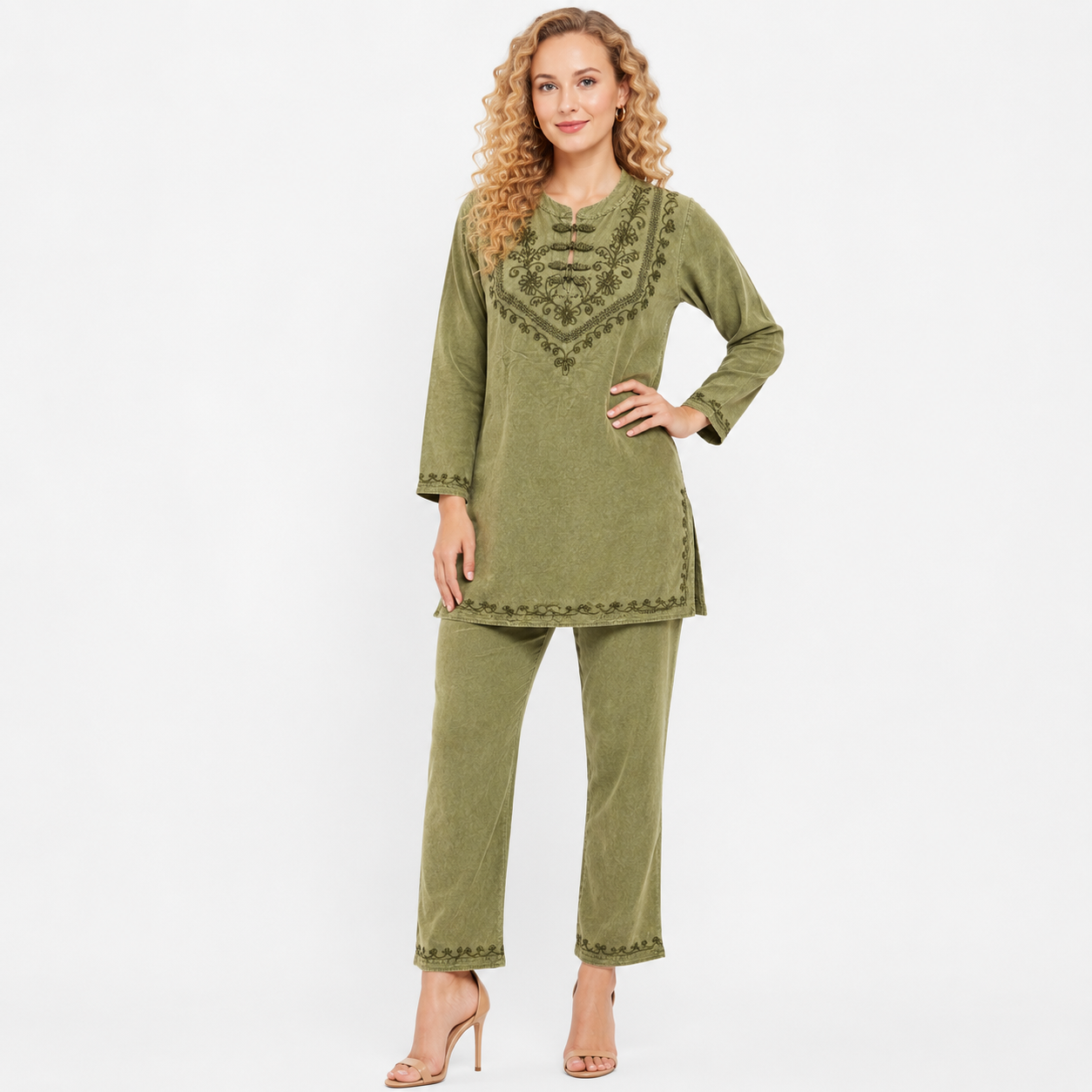 Solid with Floral Thread Embroidery cord set