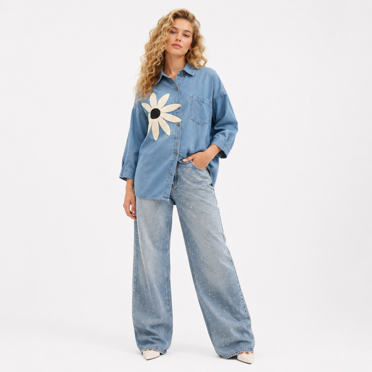 denim sunflower patch shirt