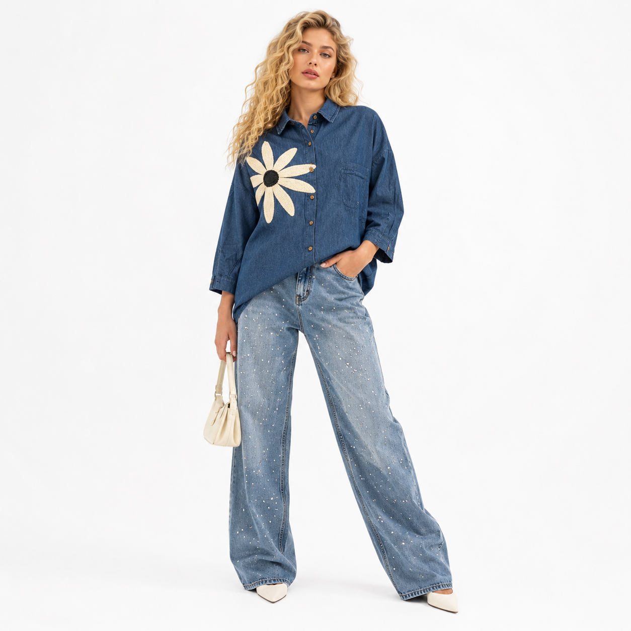 denim sunflower patch shirt