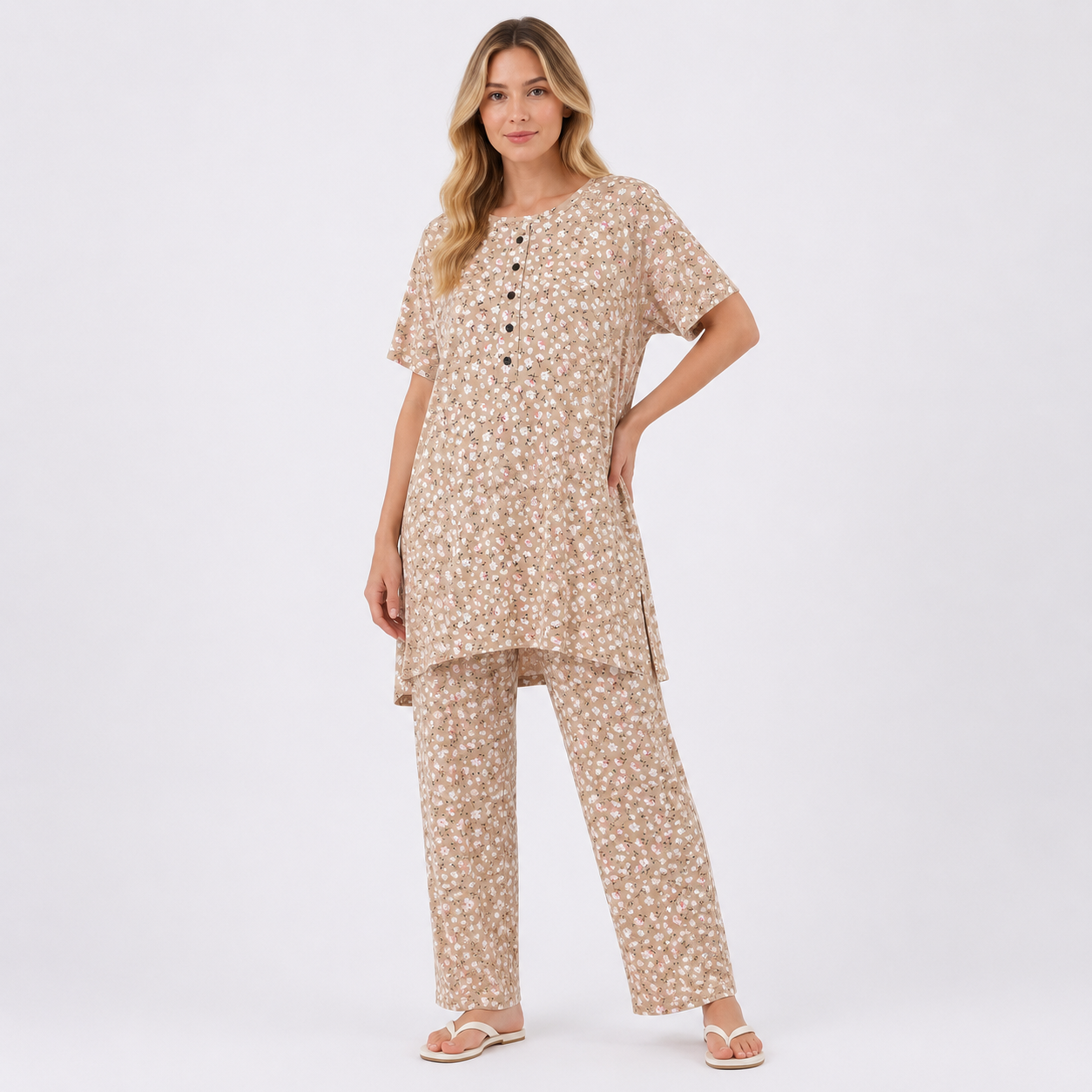 4XL BEIGE PRINTED NIGHT SUITS