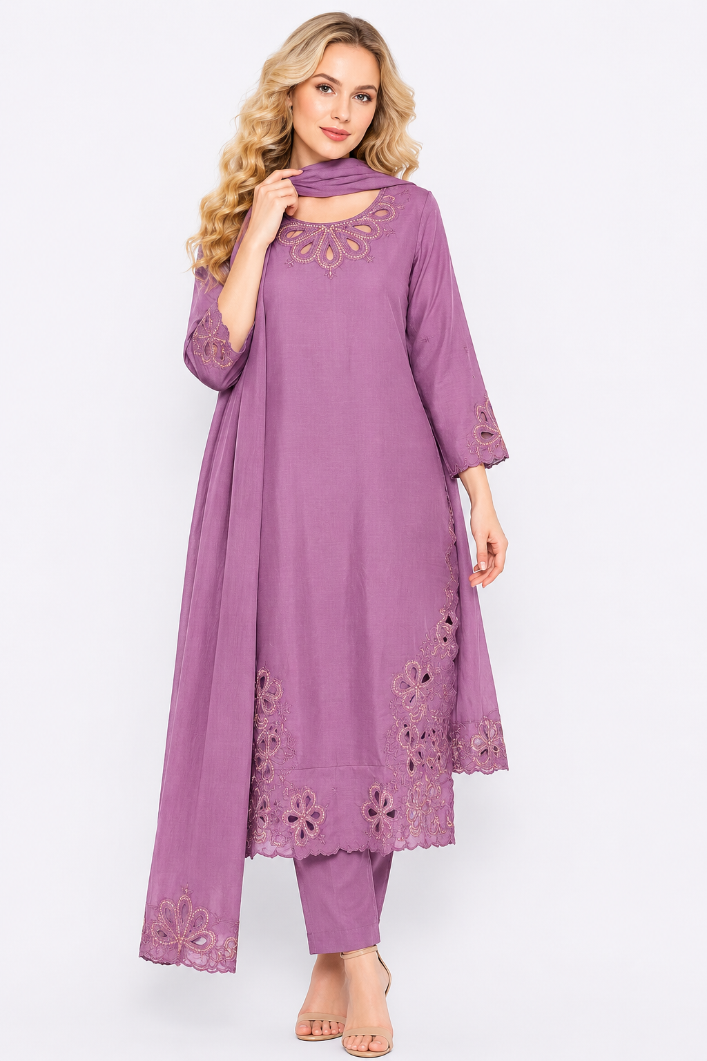 LIGTH PURLE Embroidered &amp; Cutwork SUIT