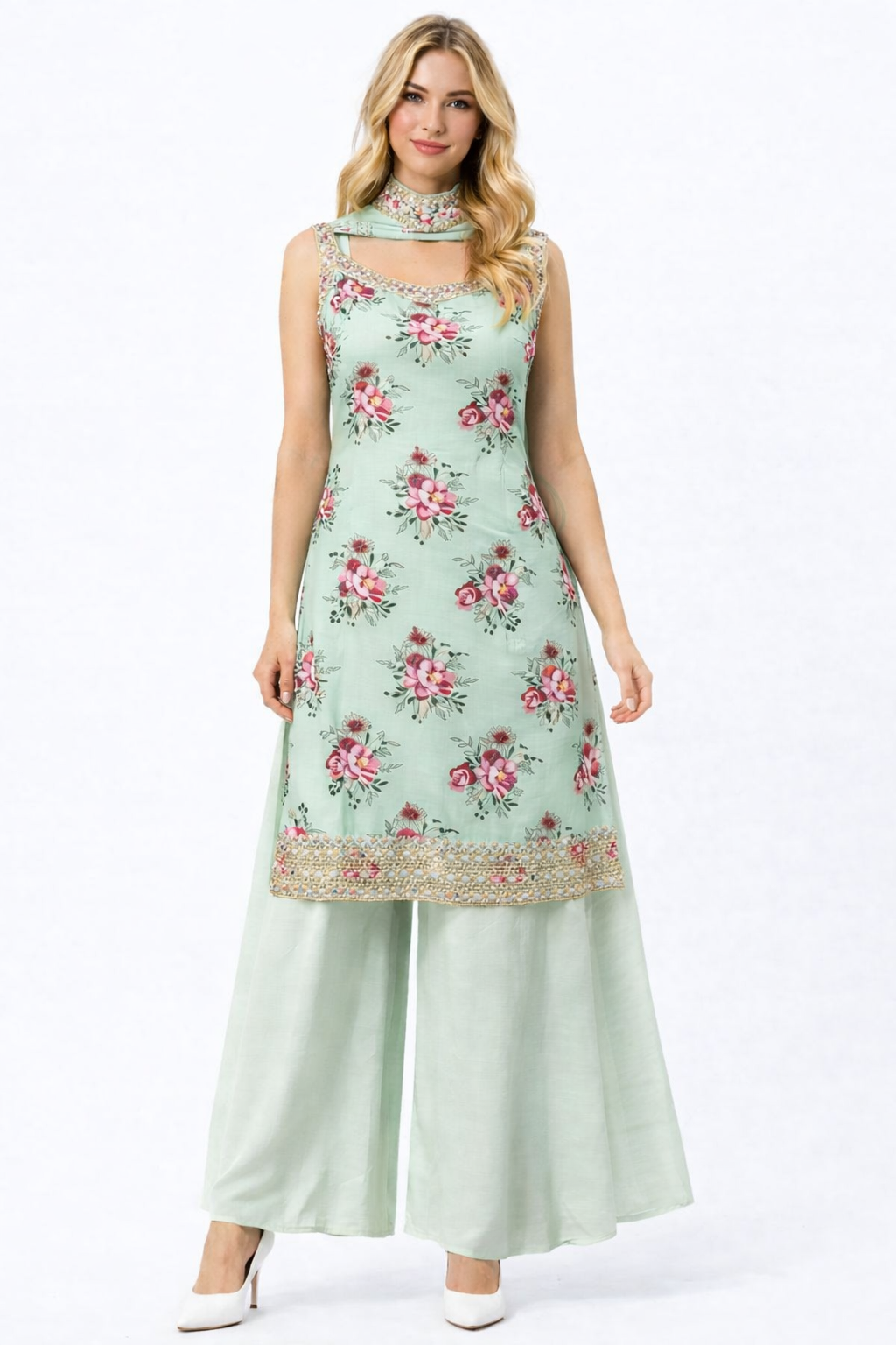 CUT SLEEVE SUIT WITH PLAZZO CHOKKAR STYL CHUNNI