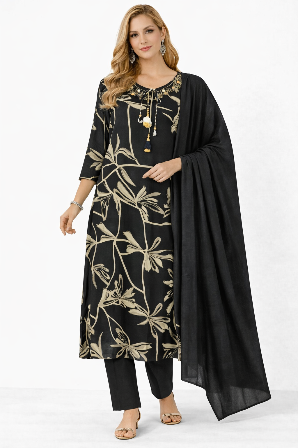 printed black neck work suit