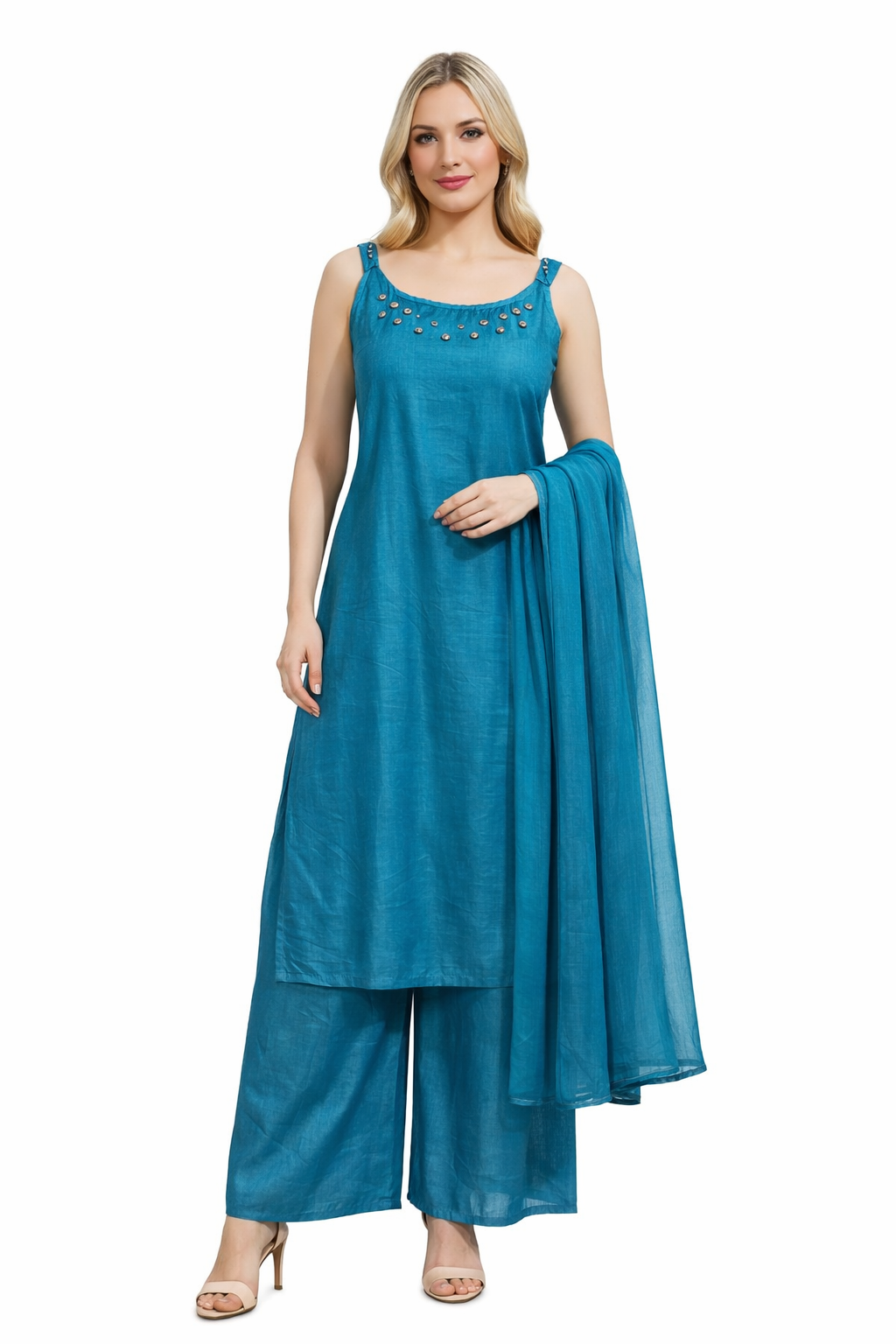 STRIP SLEEVE SUIT WITH PLAZZO