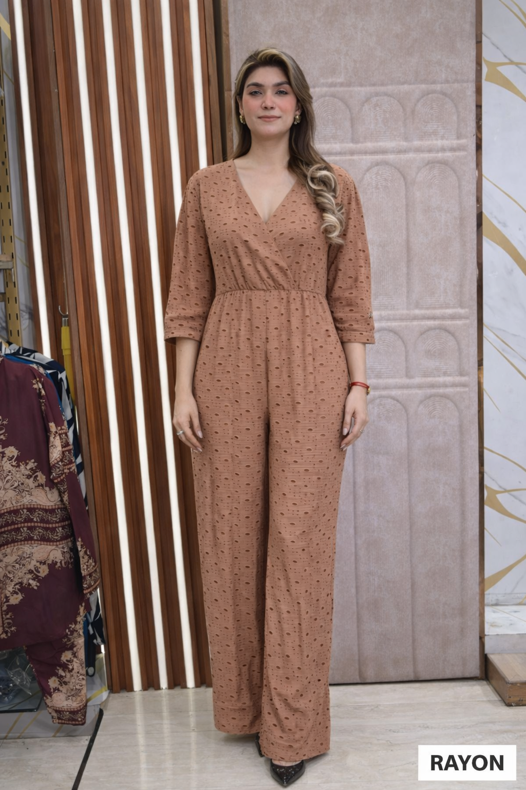 BROWN EMBROIDERY V NECK JUMPSUIT