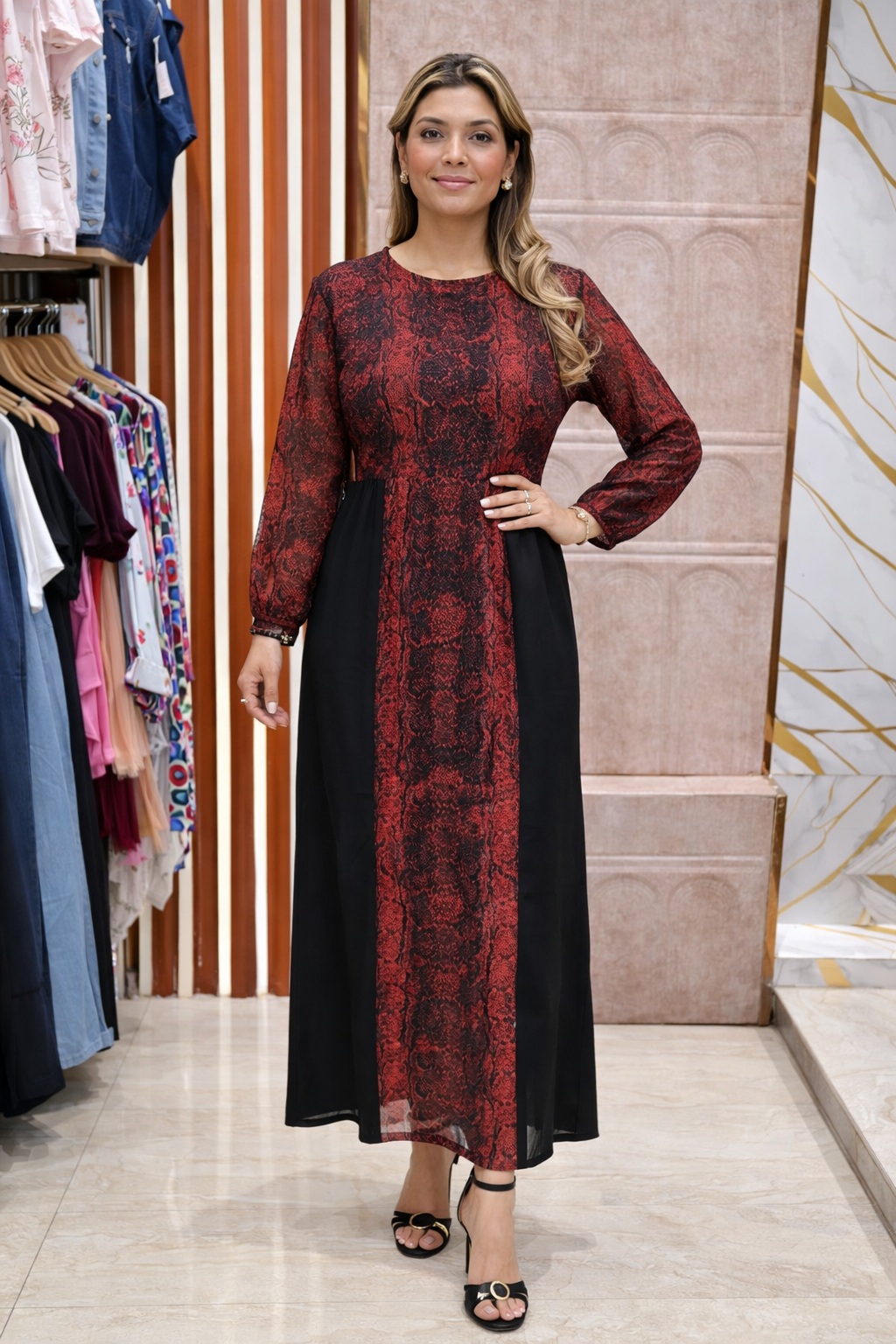 RED/ BLACK COMBINATION LONG DRESS