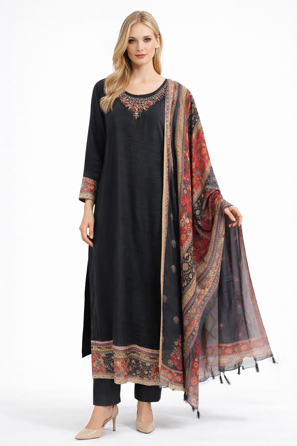 BLACK SUIT PRINTED DUPPATA