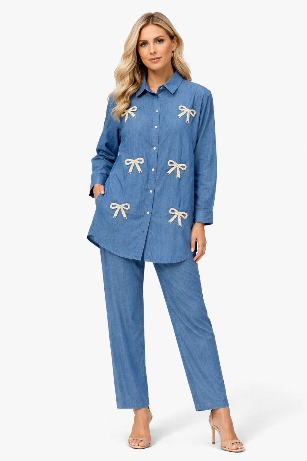 pearls bow denim cordset