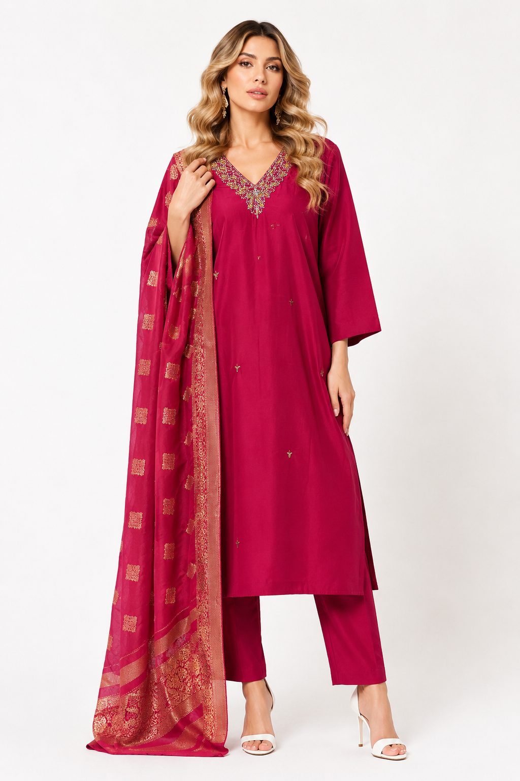 v neck red cut dana work suit