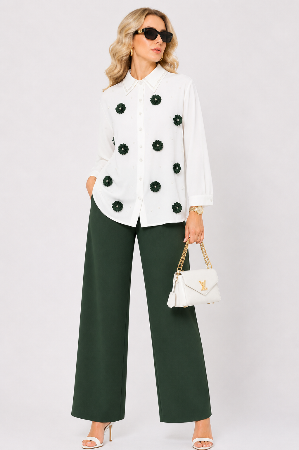 Floral Appliqué Shirt & Mauve Trouser Co-Ord Set,