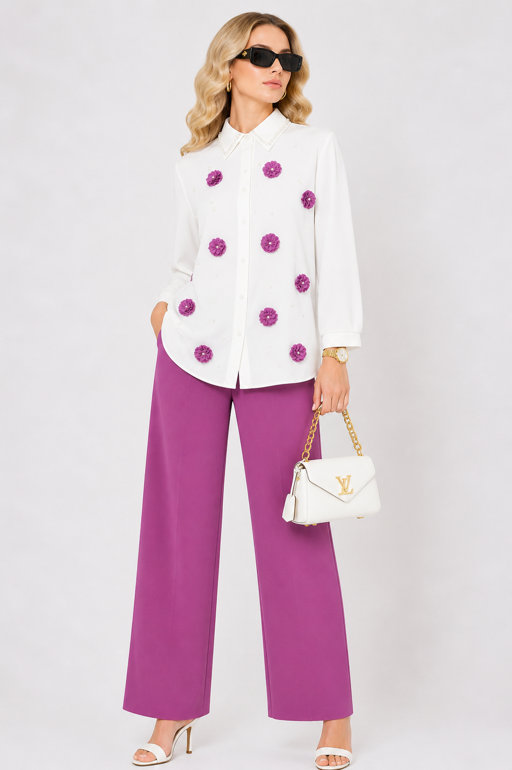 Floral Appliqué Shirt & Mauve Trouser Co-Ord Set,